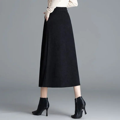 Women Autumn Winter Wool Blend A Line Midi Skirt High Waist Button Casual Office Bottoms