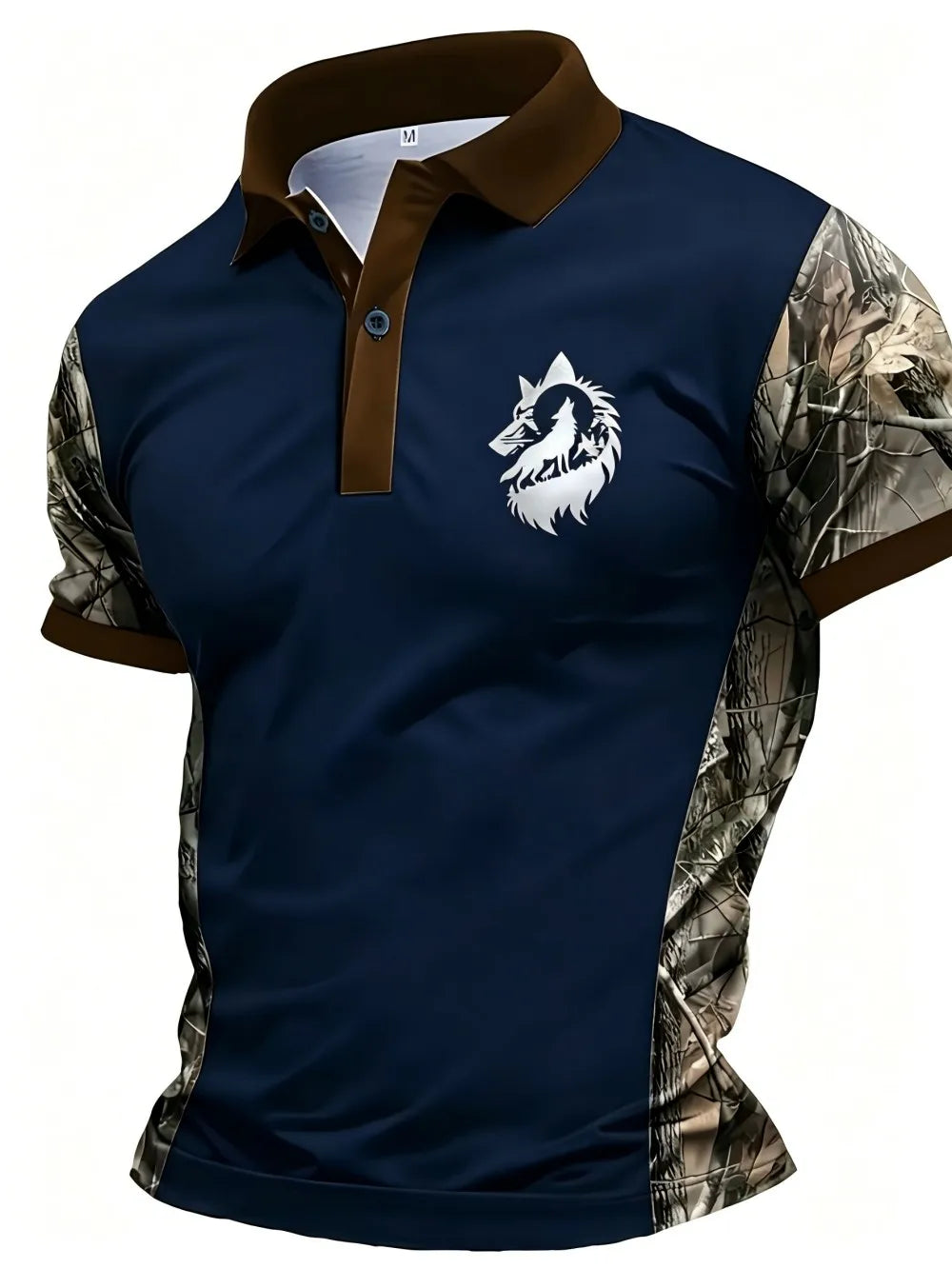 American Men's Summer Camouflage Wolf Moon Print Comfortable and Breathable Polo Short Sleeved T-Shirt Outdoor Casual Top
