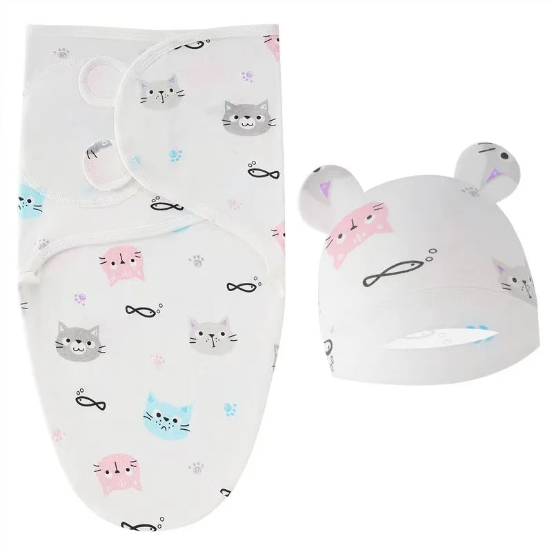 Baby Blanket Hat Set Cartoon Printed Cotton Newborn Swaddle Adjustable Infant Sleeping Swaddle Wraps All Seasons 0-6 Months