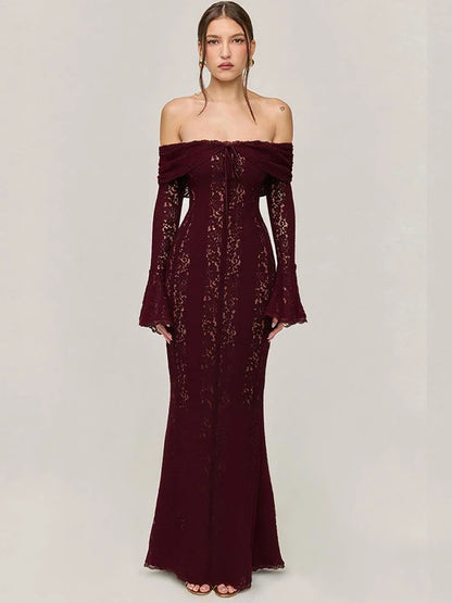 Mingmingxi Autumn Long Sleeve Maxi Dresses for Women 2024 New in Elegant Flare Sleeve Lace Dress Long Birthday Party Dresses
