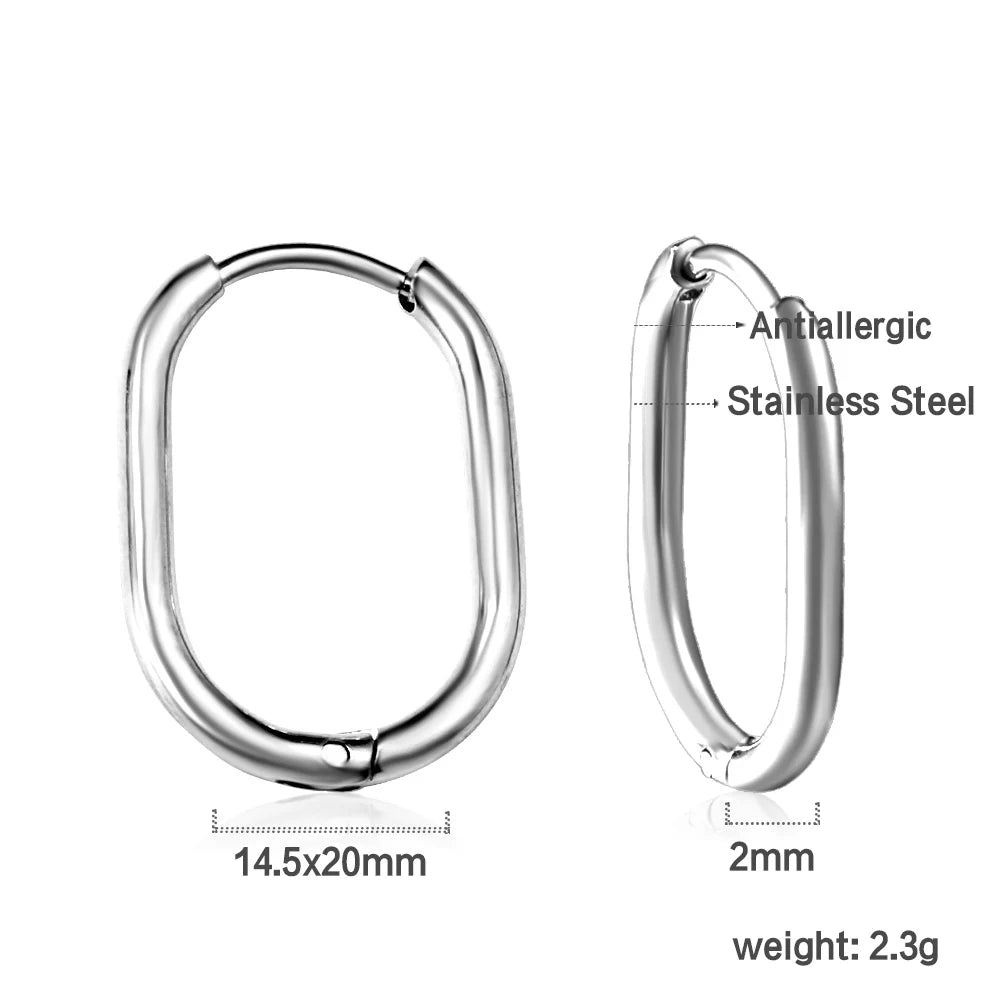 LUXUSTEEL Simple Rectangle U-Shaped Round Cirlcle Hoop Earrings For Women 12/14/16MM Anti-allergy Earrings