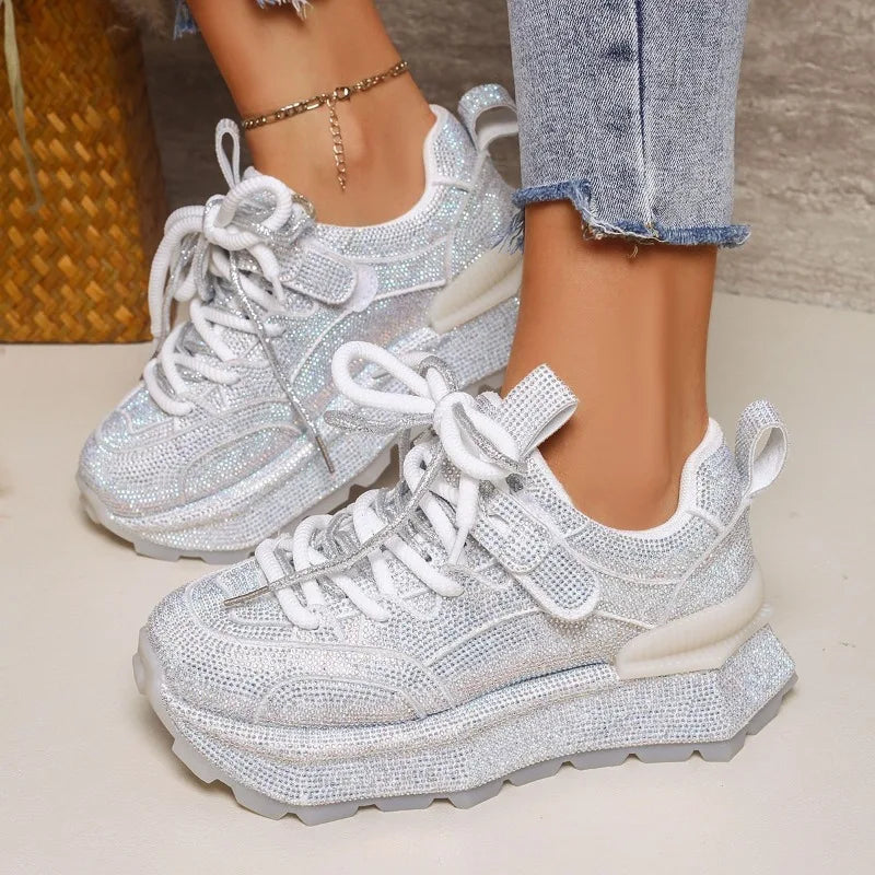 Full Diamond Fashion Sneakers Spring and Autumn New Round Toe Lace-up Platform Non-slip Single Shoes