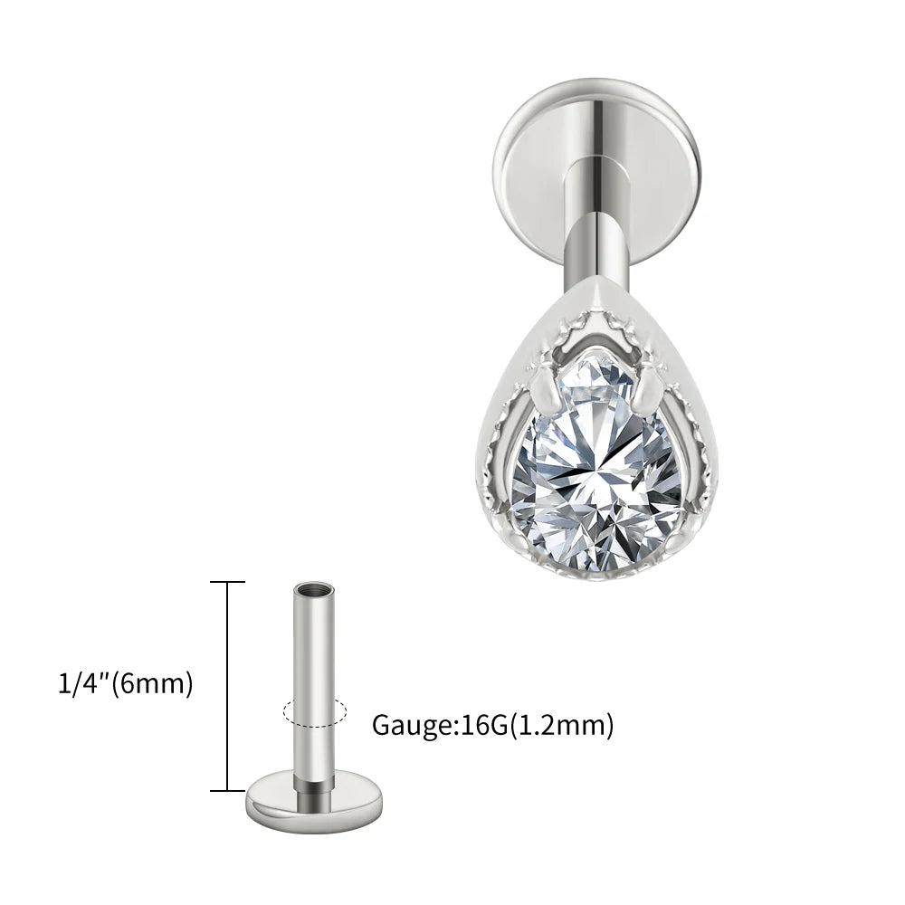 Right Grand ASTM F136 Titanium Teardrop CZ Cartilage Earring Threaded Labret Stud 16G Tiny Pear CZ Helix Conch Earlobe Piercing