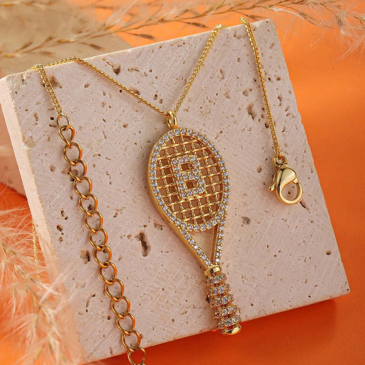 Qitian Custom Initial A‑Z Tennis Racket Necklace 18KGoldPlated Stainless Steel Zircon Pendant Fashion Sport Jewelry Gift Women