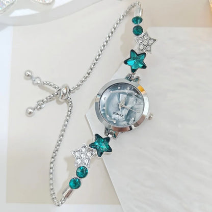 Fashion Adjustable Bracelet Watch Rhinestone Alloy Quartz Watch Star Chain Watch for Women Girls