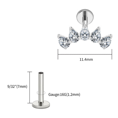 Right Grand ASTM F136 Titanium 5-Pear CZ Crown Cartilage Earring 16G Flat Back Stud Helix Tragus Labret Nose Piercing Jewelry