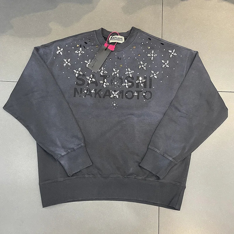 26FW Heavy Fabric Cotton Loose Rhinestone Rivet Satoshi Nakamoto Sweatshirts Men Women Vintage Charcoal Gray Green Pullovers