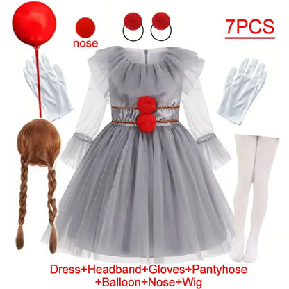 Scary Grey Joker Clown Costume for Kids Horrible Cosplay Dress Set 2026 Halloween Carnival Party Outfit Boys Girls