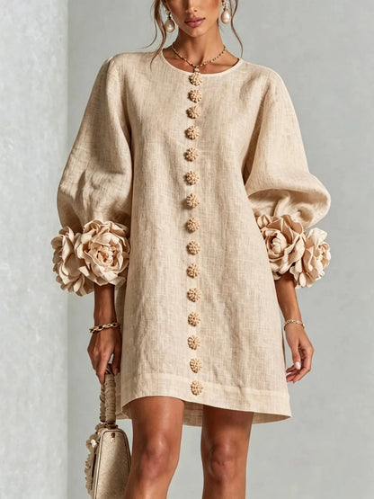 Women Linen Mini Dress O Neck Puff Long Sleeve 3D Flower Cuff Decor Flower Button Loose Casual Short Dresses for Party Vacation