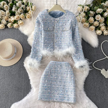 Autumn Winter Women Slim Fit Tweed Jacket Mini Skirt Two Piece Set Elegant Ladies Feathers Beading Sequin Birthday Party Outfits