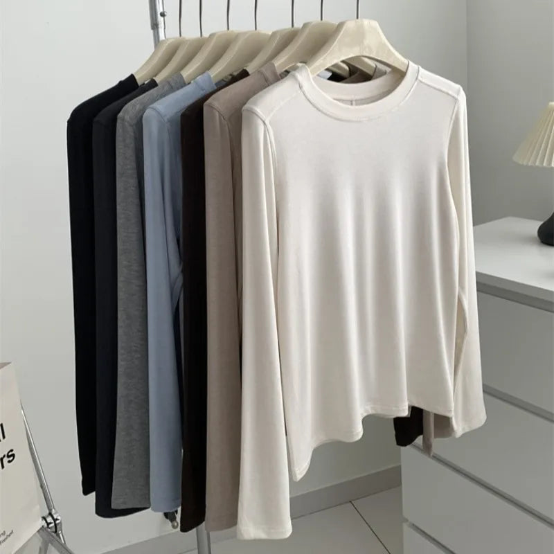 Silk Wool Splice Long Sleeve T-shirt Women Spring Summer Thin Soft Waxy Fit Solid Color Backing Top