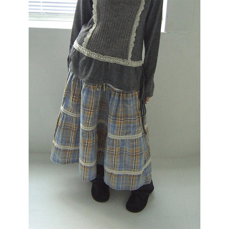 MEXZT Harajuku Plaid Midi Skirt Women Japanese Vintage Lace Patchwork Skirts Summer Streetwear Grunge Casual A Line Faldas New
