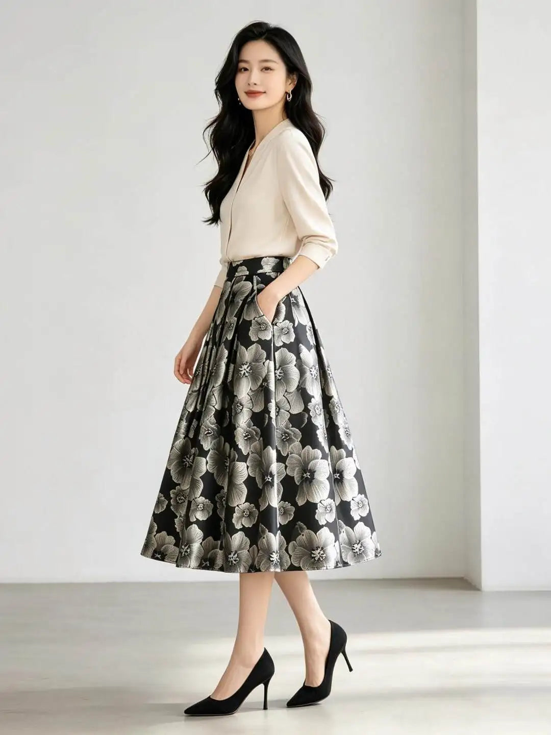 High Quality New Autumn Vintage Hepburn Embroidery Jacquard Puffy Skirt Elegant High Waist Mid-length Casual A-line Long Skirts