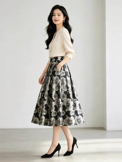 High Quality New Autumn Vintage Hepburn Embroidery Jacquard Puffy Skirt Elegant High Waist Mid-length Casual A-line Long Skirts