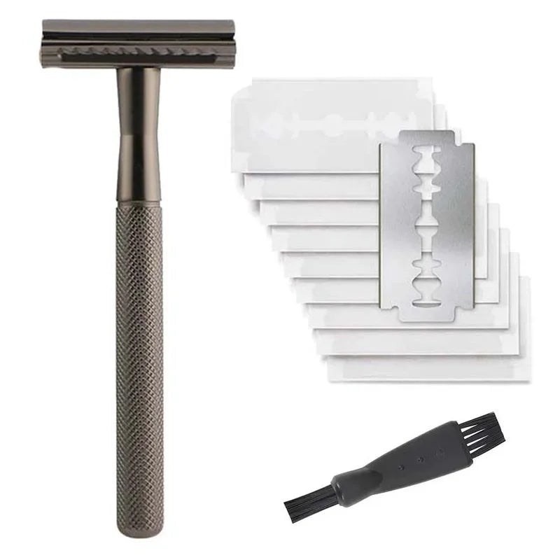 Black Safety Razor Weighted Handle Metal Razor  With 10Double Edge Safety Blade Refills Razor for Men & Women