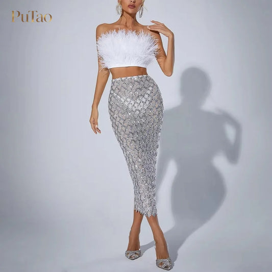 PuTao 2 Piece Formal Outfit White Feather Strapless Crop Top Sequin Mesh Midi Skirt Set Evening Birthday Cocktail Dresess