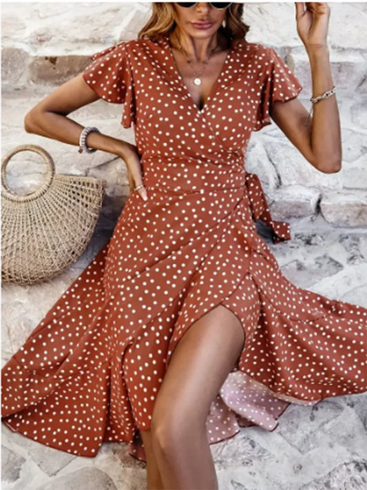 Floral Print Fashion Short Sleeve Mesh Versatile Elegant Long Skirt Womens Evening Mermaid Slim Sexy Lace Splicing Evening Dress