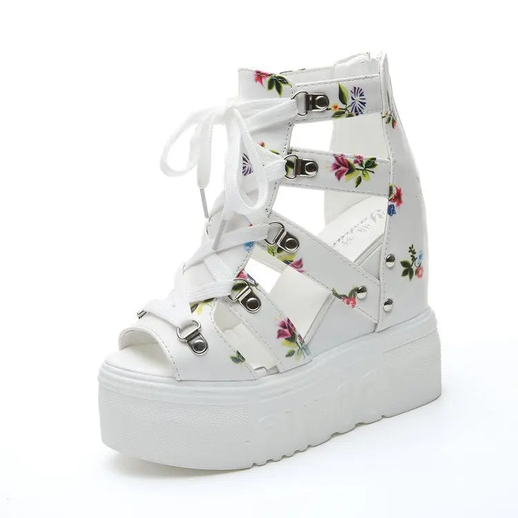 Summer New Women Wedge Sandals Color Patchwork Cross Lace-up High Heels Roman Shoes 12cm Fish Mouth Broken Flower Platform Shoes
