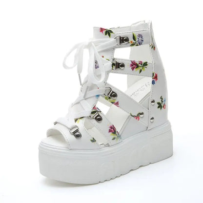 Summer New Women Wedge Sandals Color Patchwork Cross Lace-up High Heels Roman Shoes 12cm Fish Mouth Broken Flower Platform Shoes
