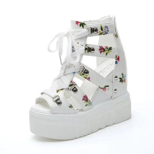 Summer New Women Wedge Sandals Color Patchwork Cross Lace-up High Heels Roman Shoes 12cm Fish Mouth Broken Flower Platform Shoes