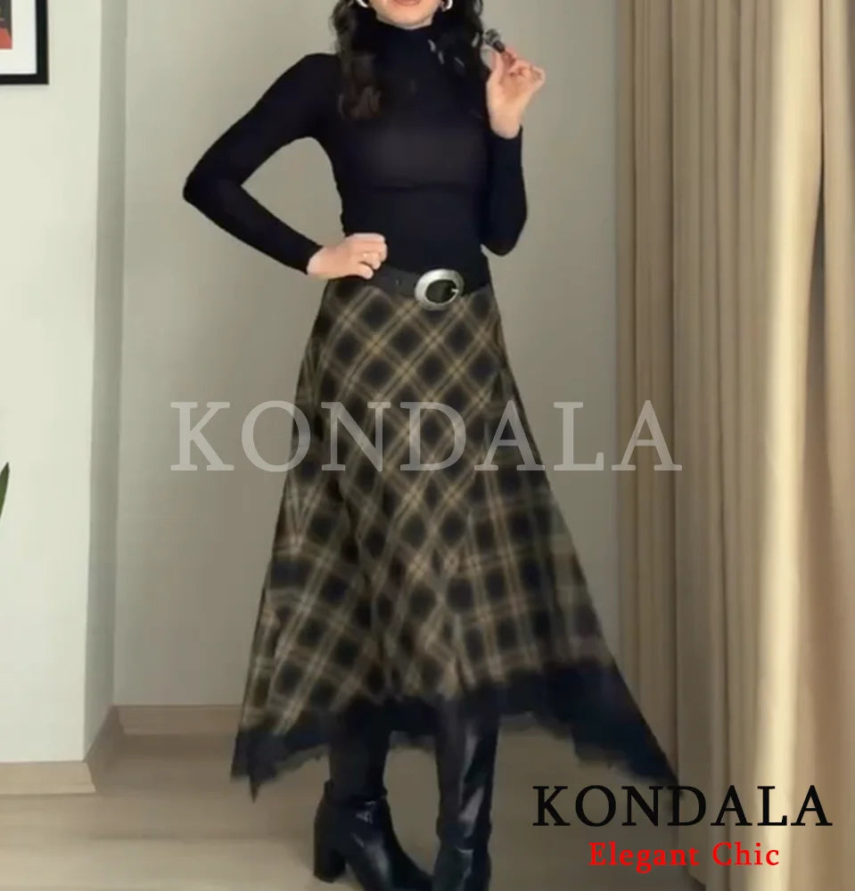 KONDALA Vintage Chic Lady Midi Skirt Plaid Lace Long Skirt Women New 2026 Spring Summer Elegant Commute Dinner Party Lady Skirt