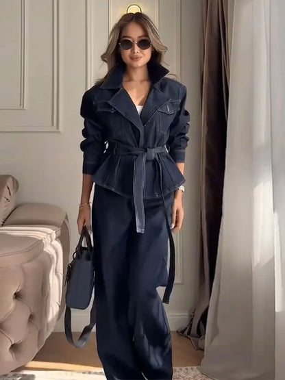 Elegant Belt Denim Jacket Women's Pants Sets Lapel Full Sleeve Pockets Coats Wide Leg Pant 2026 Autumn Lady Commute Suits