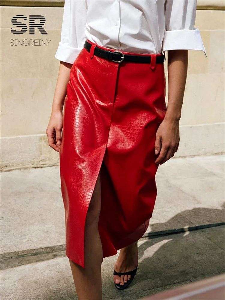 SINGREINY Autumn Fake Crocodile Grain Leather Midi Skirts Women Streetwear Winter Plaid Textural Luxury Leather Long Skirts