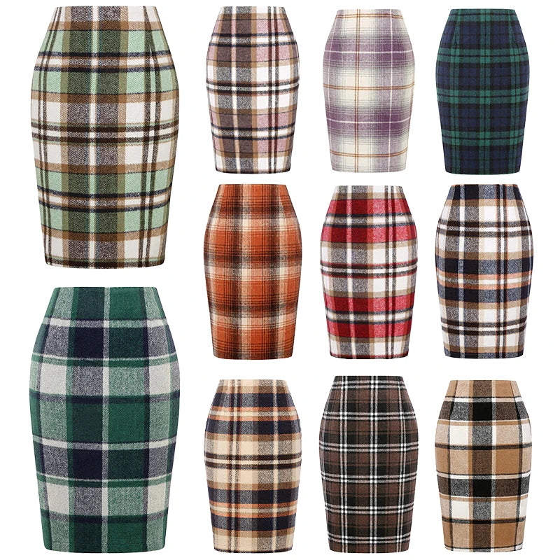 Women Tartan Plaid Thick Woolen Pencil Skirt Lined Back Invisible Zipper High Waist Bodycon Midi Skirt For Daily Casual Outings