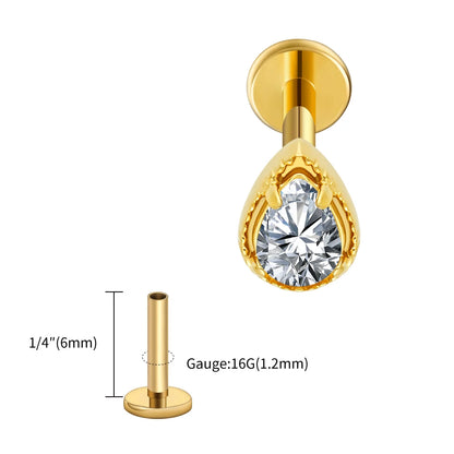 Right Grand ASTM F136 Titanium Teardrop CZ Cartilage Earring Threaded Labret Stud 16G Tiny Pear CZ Helix Conch Earlobe Piercing