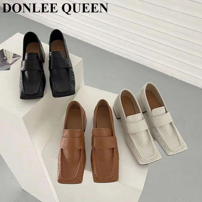 Women Casual Loafers Simple Style Square Toe Low Heels Pumps Fashion British Moccasin Female Slip On Shoes For Party Dress Mujer