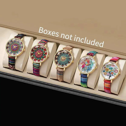 2/3/5PCS Fashion Women Watches Vintage Flowers Printed PU Strap Quartz Watch Reloj Mujer（Without Box）