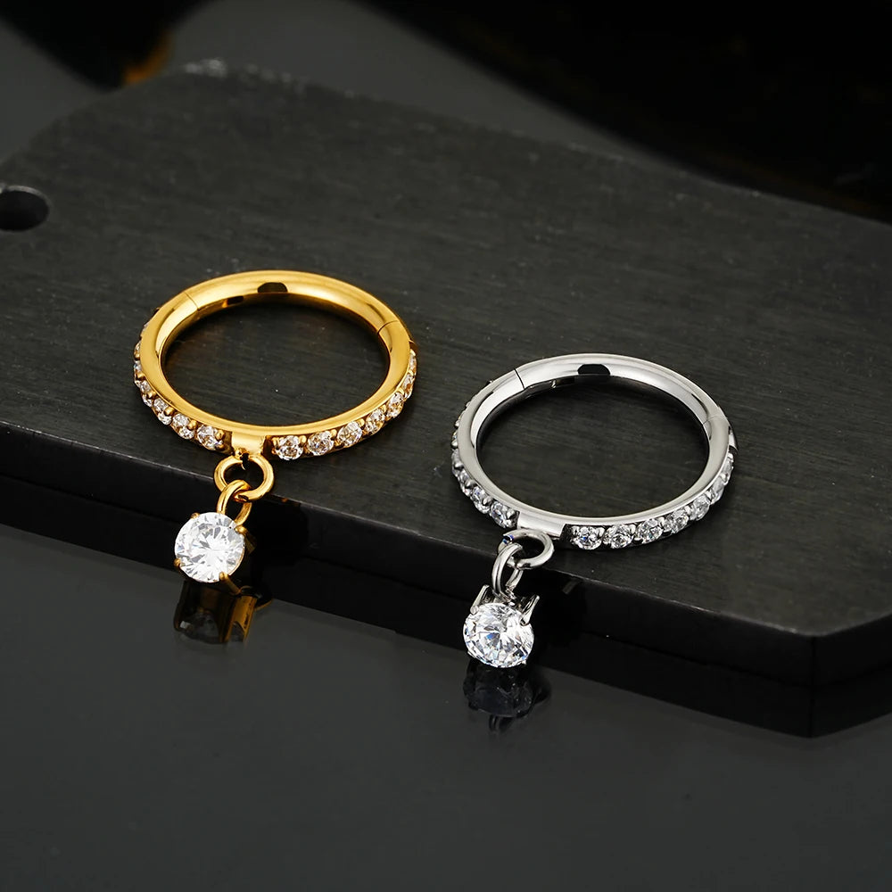 Right Grand ASTM F136 Titanium Round CZ Drop Helix Hoop Ring 16G Dangle Charm Segment Conch Clicker Cartilage Piercing Jewelry