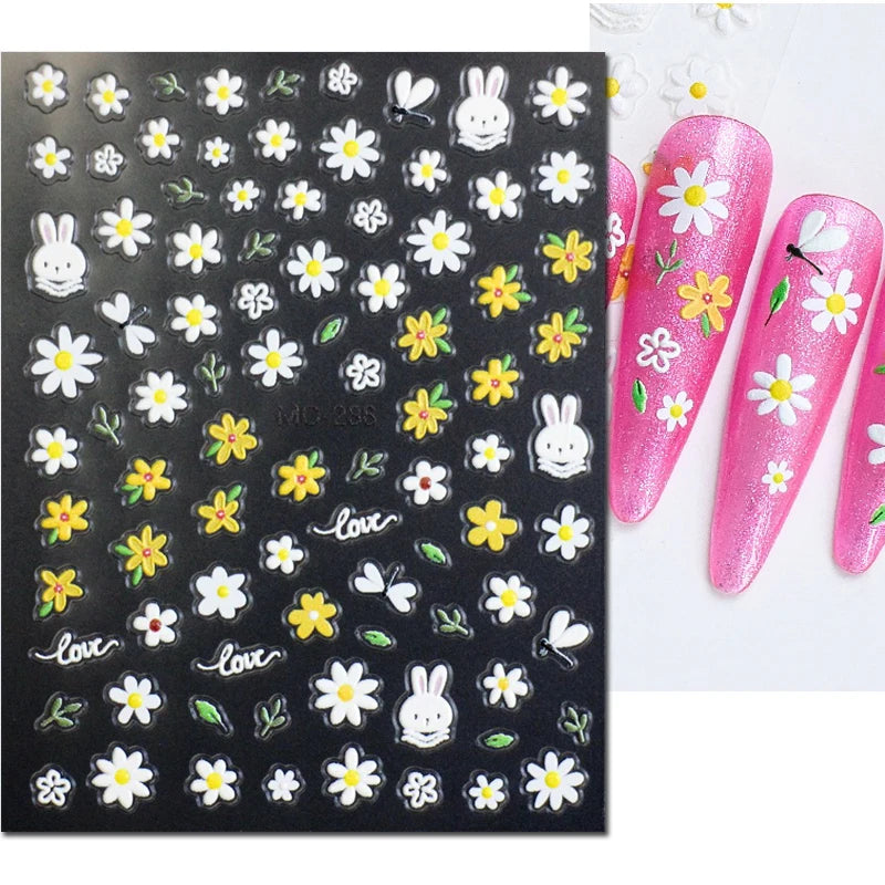 5D Embossed Nail Art Decals Elegant Petals Florals Daisy Flowers Leaves Adhesive Sliders Stickers For Manicure Tips Decoration