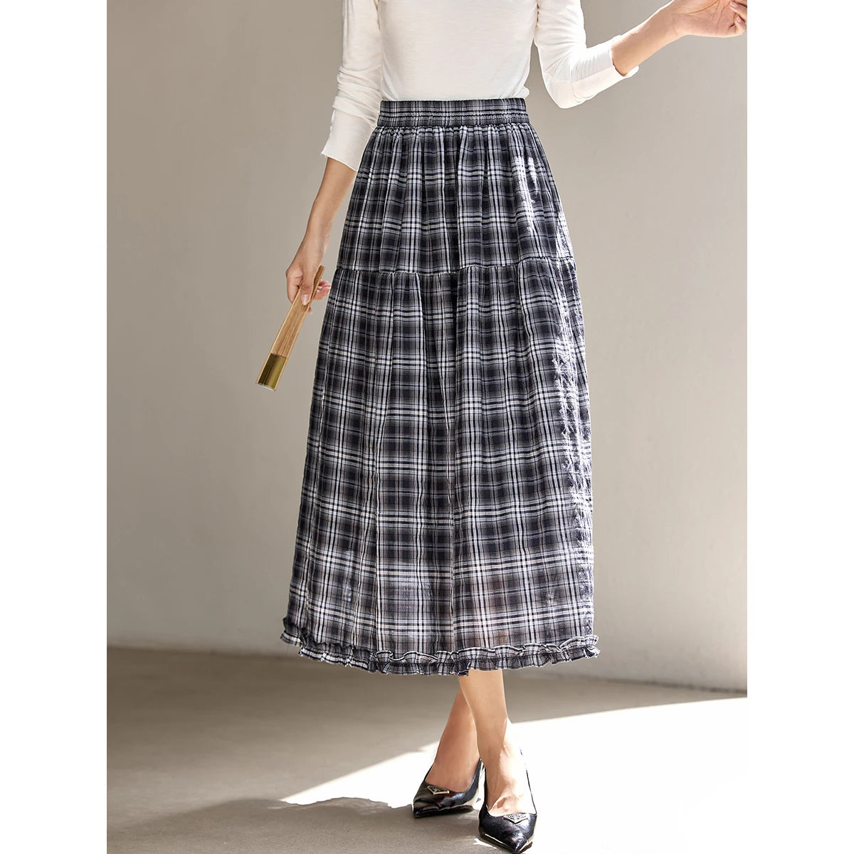 VIMLY Women's Vintage Plaid Skirt 2026 Autumn Casual Vintage Skirts Design Midi Skirt Commute Ruffle A-line Female Skirt A2980