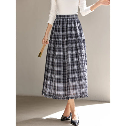 VIMLY Women's Vintage Plaid Skirt 2026 Autumn Casual Vintage Skirts Design Midi Skirt Commute Ruffle A-line Female Skirt A2980
