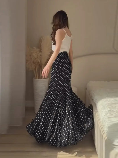 French Vintage Polka Dot Midi Skirt Women Elegant Chiffon High Waist Fish Tail Skirt Ruffle Hem Office Work Party Skirt For Lady