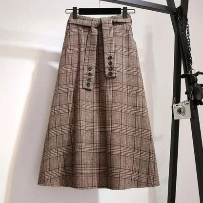Plaid Striped Vintage A-line High Waist Buttons Lace Up Loose Women's Skirt Mid-Calf Long Skirts For Women Clothing Fashion 2024