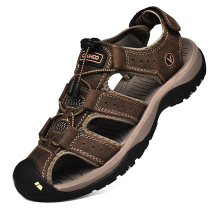 CLOHOO Men's Sandals Handmade Thick Bottom Rubber Breathable Casual Slip-On Beach Shoes Leather Upgraded Version