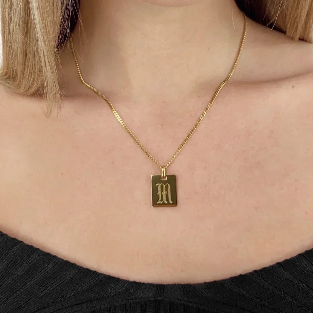 Murano Joias 26 Letters Stainless Steel Engraved Initial Old English Necklaces Custom Link