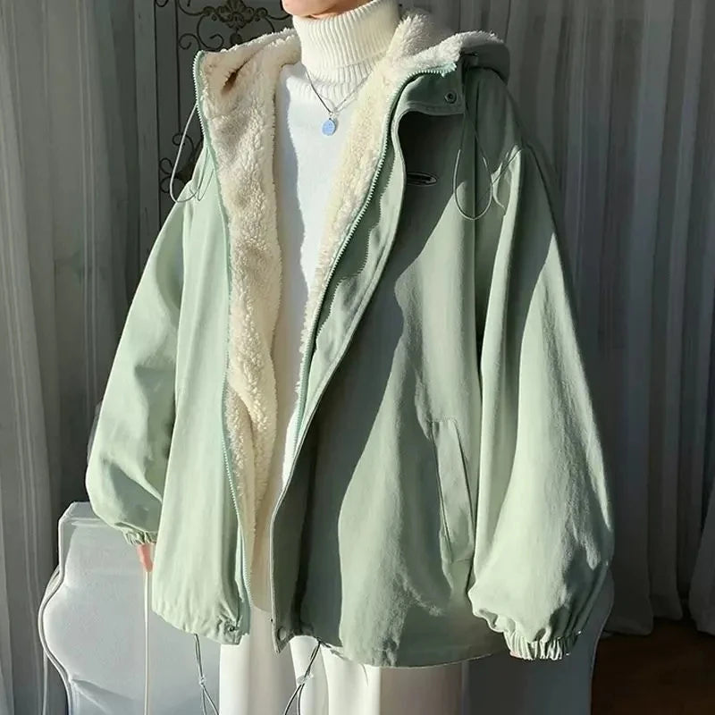 Lamb Wool Jacket Women's 2026 Autumn Winter New Korean Version Loose Workwear Student Cotton Jackets Female Hooded Warm Coat