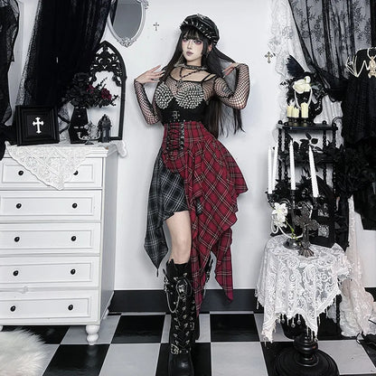 Gothic Patchwork Irregular Kpop Dance Casual Plaid Print Skirt Streetwear 2026 Harajuku Hip Hop Grunge Aesthetic Emo Punk Skirts
