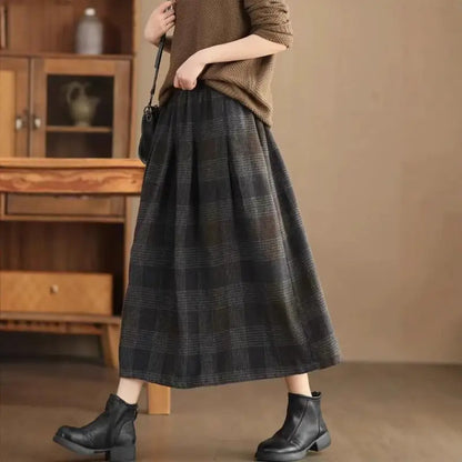 Women's new wool half skirt women's autumn winter skirt youth woven plaid warm A-line skirt girls mid long fashion woolen skirt