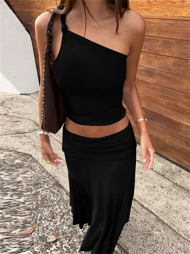 Fashion Pleated 2 Piece-Set Long Skirt For Women Off-Shoulder Cropped Pullover Top And Slim Long Skirt Sets Female Outfits 2026