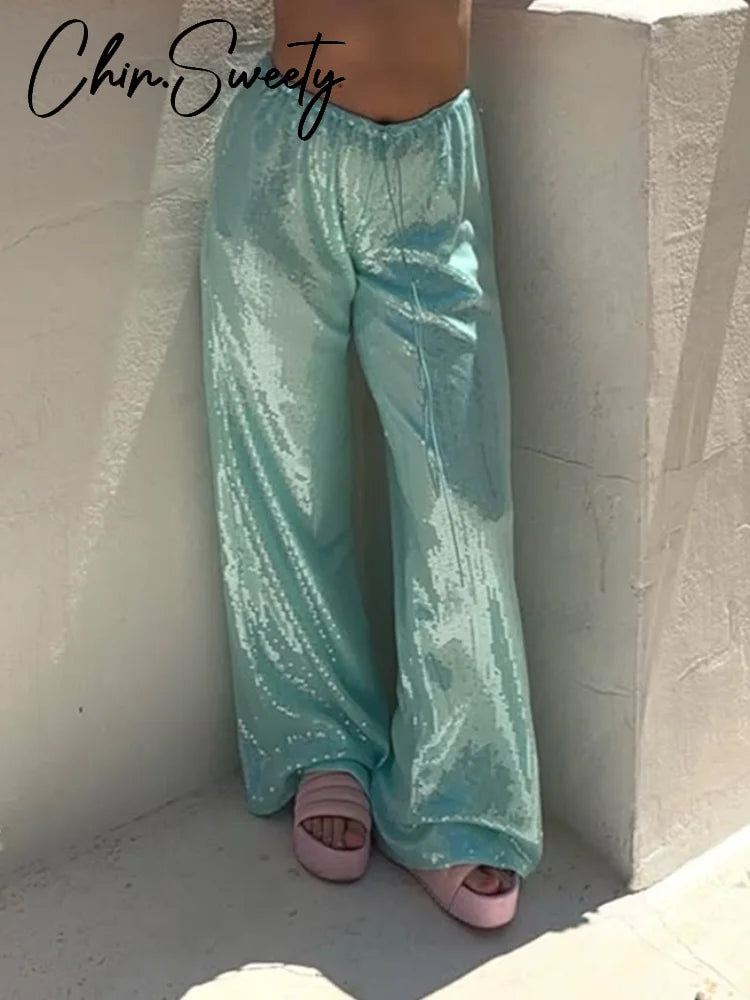 Fashion Sequin Loose Pants Women Elastic Waist Wide Leg Brown Trousers Female 2026 Spring Summer Lady Loose Outwear New