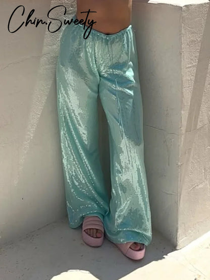 Fashion Sequin Loose Pants Women Elastic Waist Wide Leg Brown Trousers Female 2026 Spring Summer Lady Loose Outwear New
