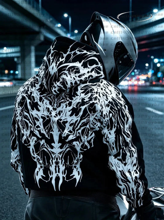 Men Street Reflective Hoodie Y2k Style Gothic Long‑sleeve Pullover Hooded Sweatshirt Loose‑fit Motorcycle Rider Night Outing New