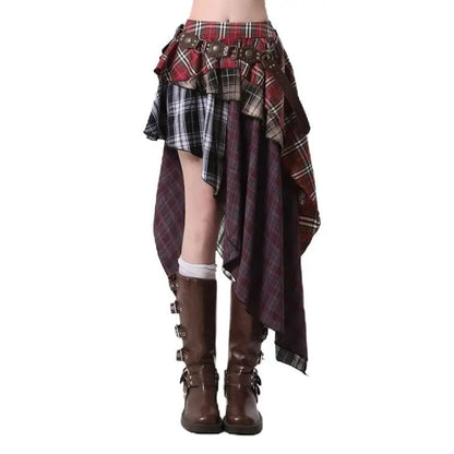 Summer Women Skirt Irregular Plaid Streetwear Patchwork Oversize Spice Girl Design Harajuku Female Midi Skirt