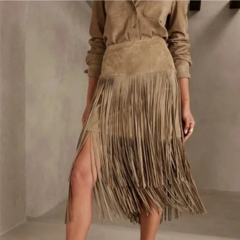 American Retro Personality Waste Wind Skirt 2025 Autumn and Winter High Waist Tassel Design Sense A Word Women's Skirt