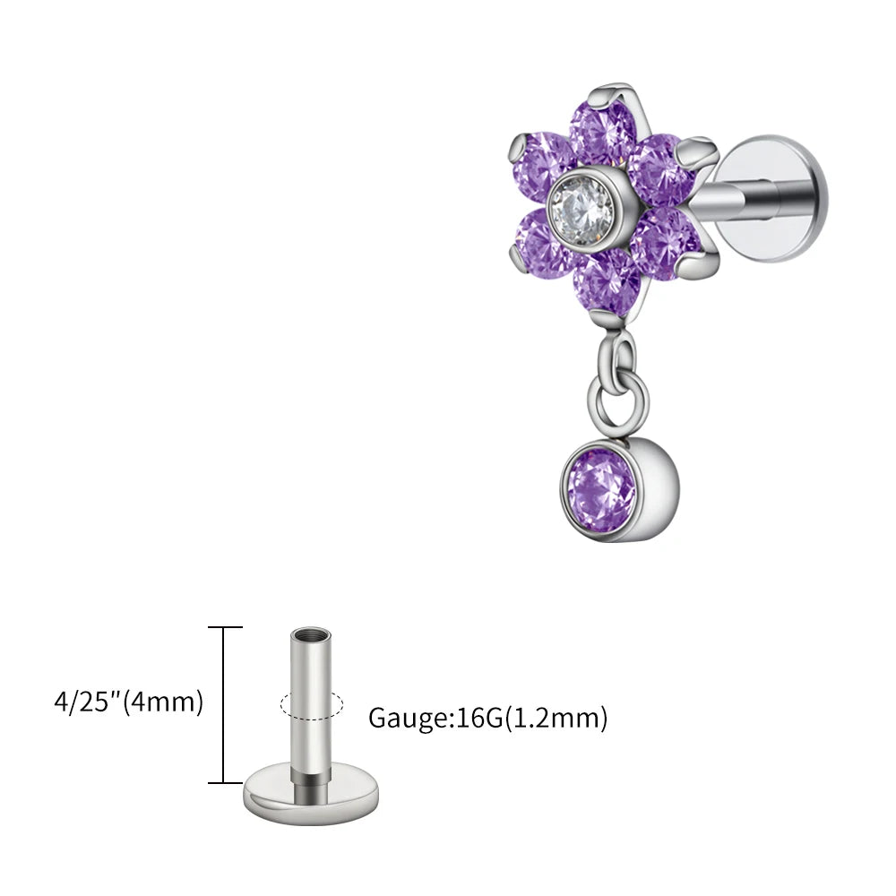 Right Grand ASTM F136 Titanium 16G Flower CZ Drop Dangle Flat Earring Tragus Helix Lobe Stud Piercing Jewelry