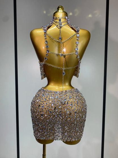 High Quality Sparkling Rhinestone Sexy See Through Blackless Top Skirt Two Pieces Set Woman Luxury Birthday Evening Party Gowns